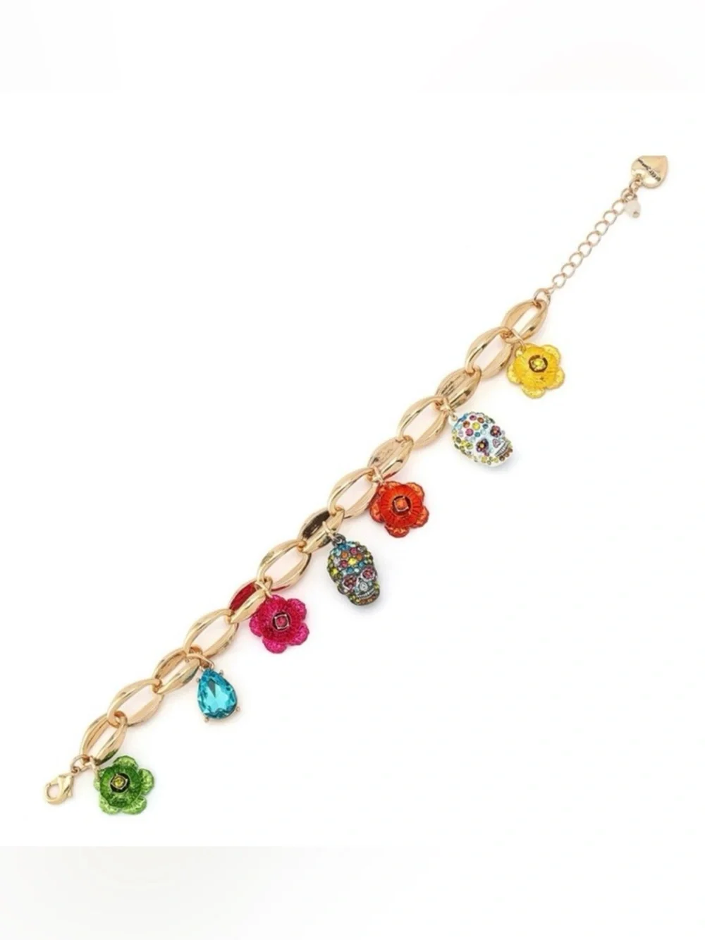 NWT Betsey Johnson Gold Tone Flower & Sugar Skull Charm Bracelet - Picture 3 of 6